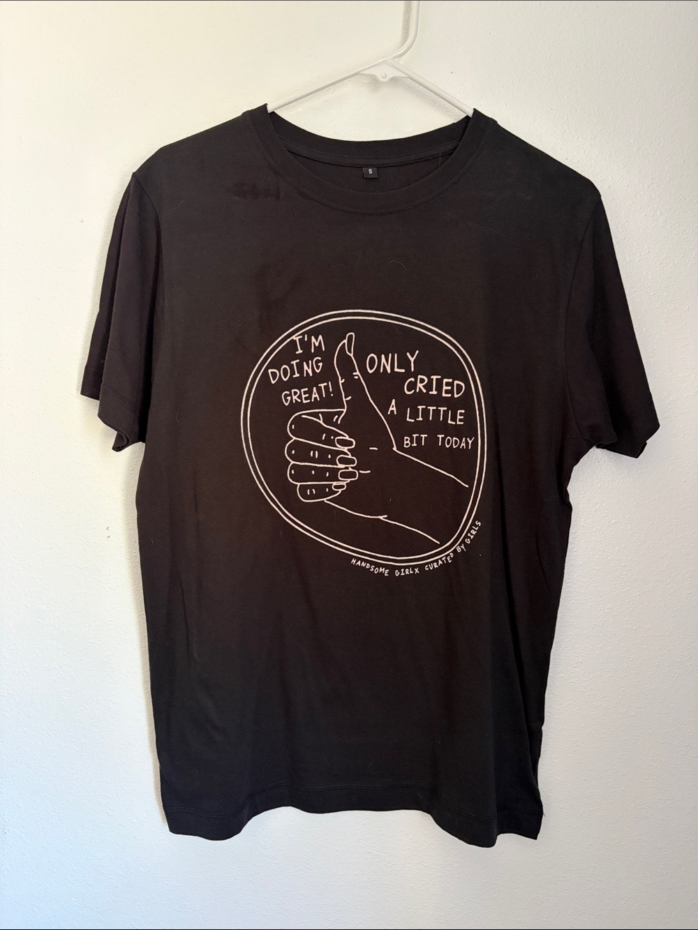 Women's Black Graphic Tee - 'I'm Doing Great' Thumb Design - New Without Tags